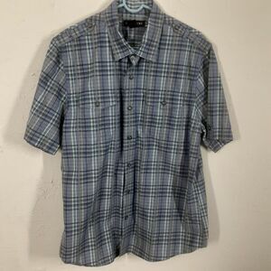 Structure Adult Mens XL Gray Blue Plaid Short Sleeve Button Up Shirt 100% Cotton